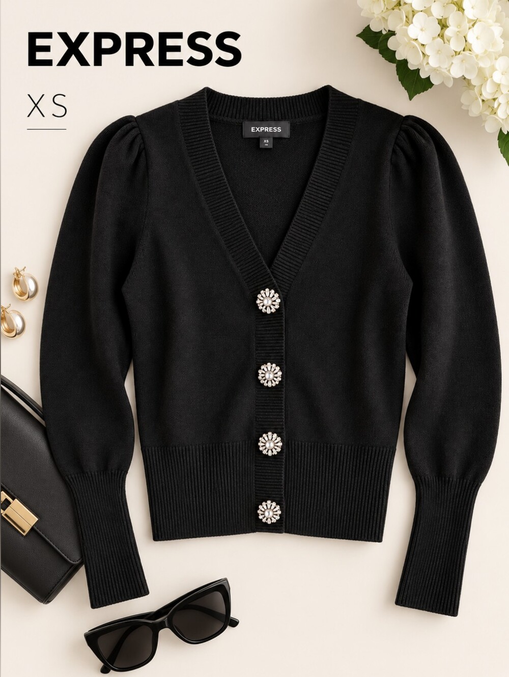 Express Black Jeweled Embellished Faux Button Front Puff Sleeve Sweater, XS